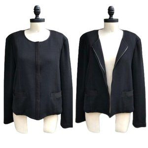 ST. JOHN CAVIAR Milano Knit Zip Front Ribbon Trim Cropped Black Jacket Blazer 12